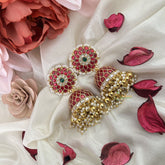 Vriksham Exquisite Jadau Kundan Jhumka-Red-Gold Beads-Pearls-J3220